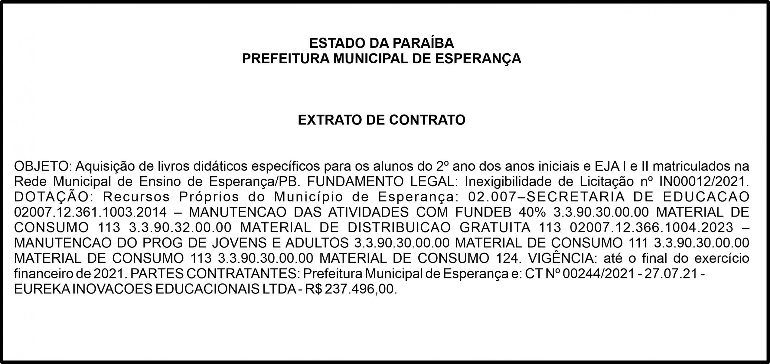 PREFEITURA MUNICIPAL DE ESPERANÇA – EXTRATO DE CONTRATO