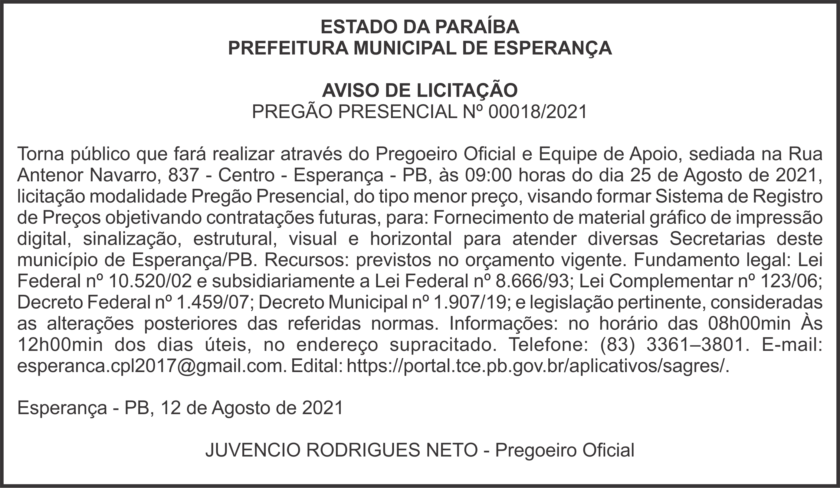 PREFEITURA MUNICIPAL DE ESPERANÇA – AVISO DE LICITAÇÃO – PREGÃO PRESENCIAL Nº 00018/2021