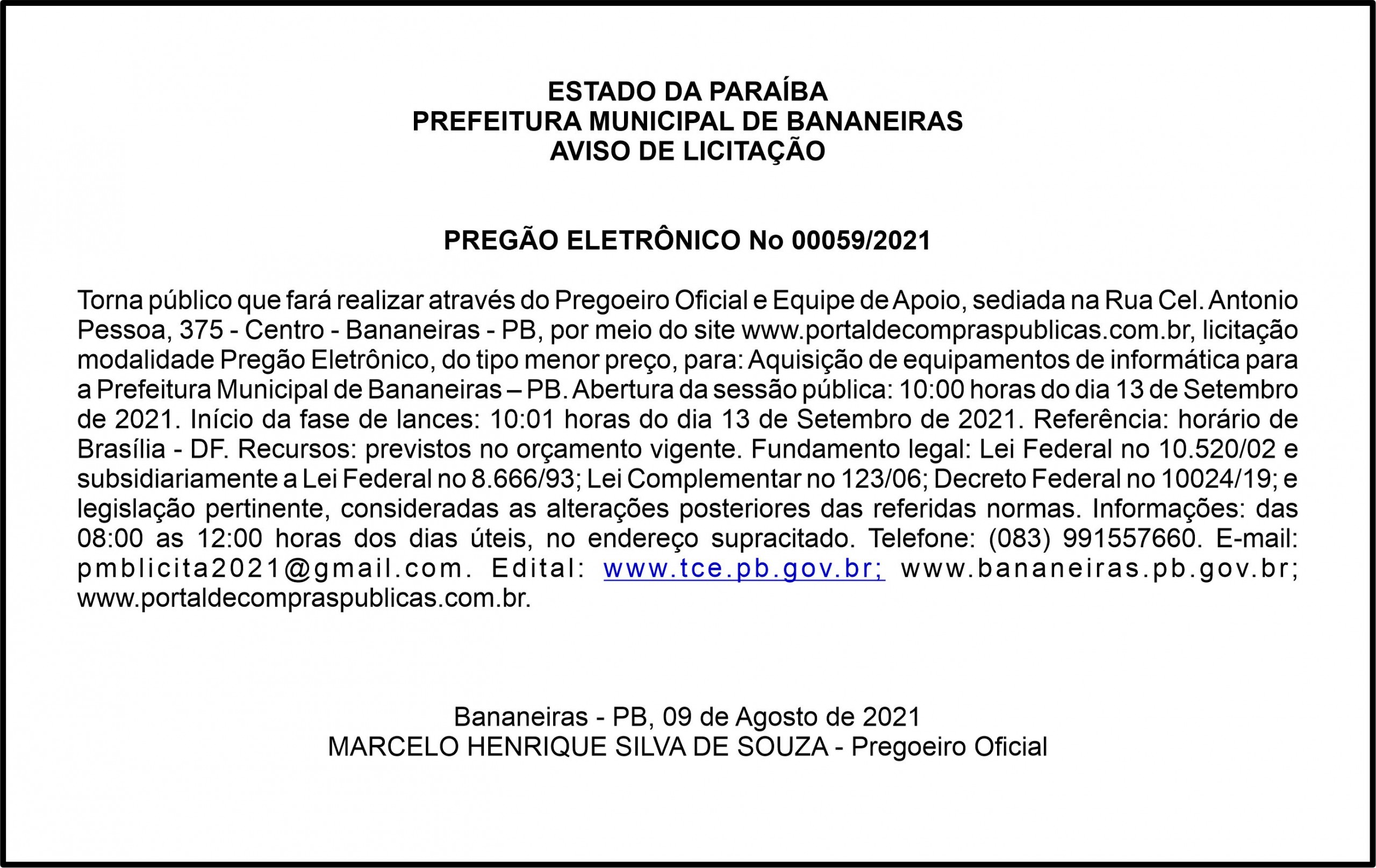 PREFEITURA MUNICIPAL DE BANANEIRAS – AVISO DE LICITAÇÃO – PREGÃO ELETRÔNICO Nº 00059/2021