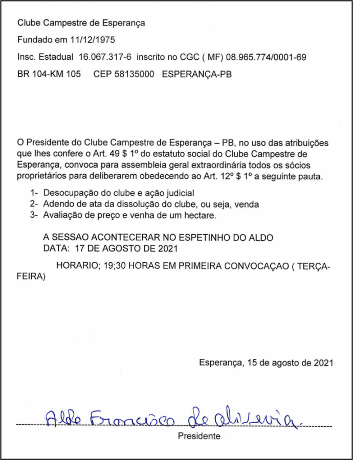 Clube Campestre de Esperança-PB – Assembleia Geral Extraordinária