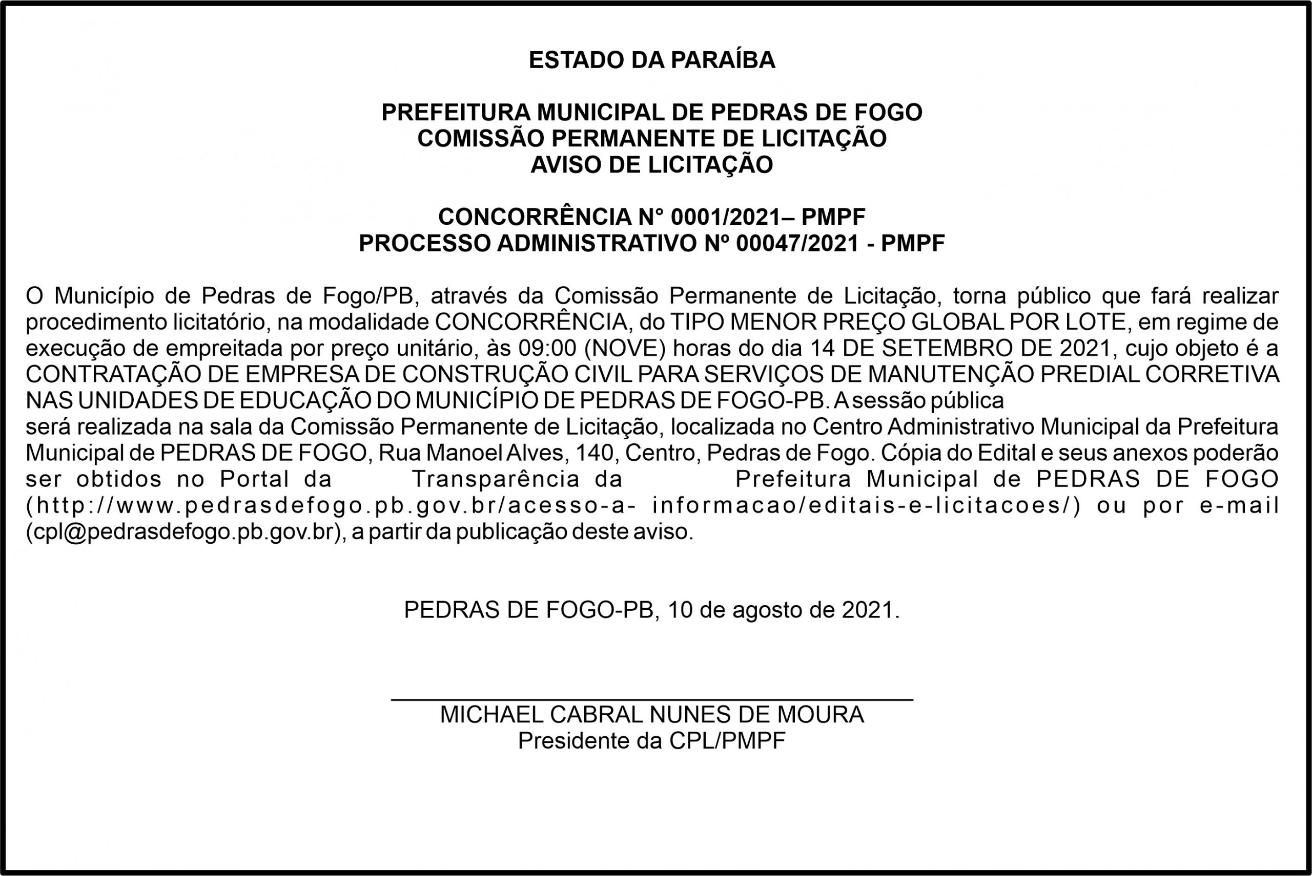 PREFEITURA MUNICIPAL DE PEDRAS DE FOGO – AVISO DE LICITAÇÃO  – CONCORRÊNCIA N° 0001/2021– PMPF
