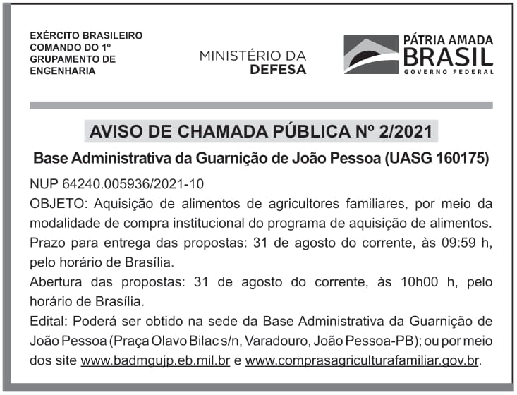 CMDO 1º GPTE – JOÃO PESSOA – PB – Aviso de Abertura Chamad Pública No 2/2021 – Base Administrativa da Guarnição de João Pessoa (UASG 160175)