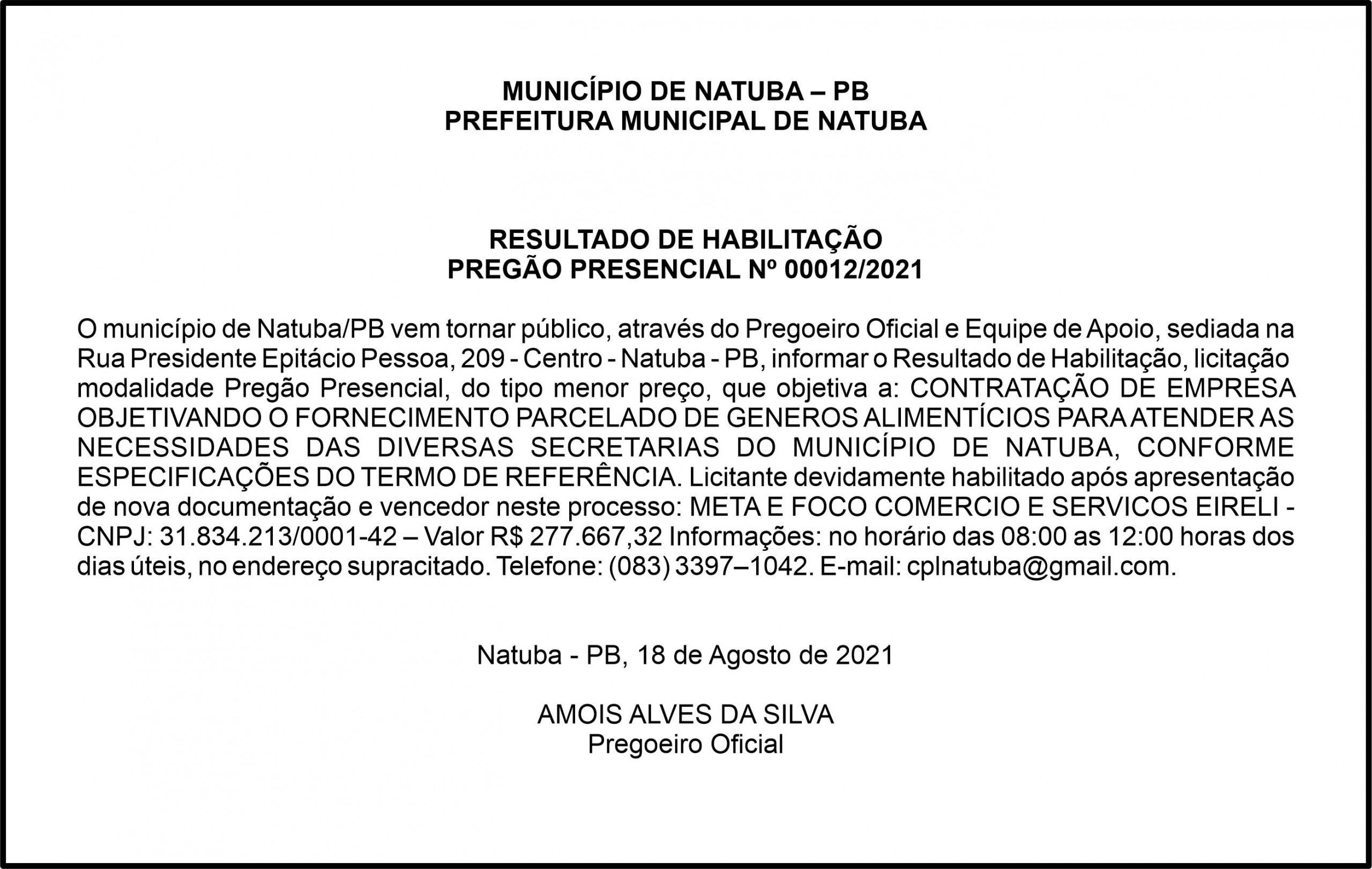 PREFEITURA MUNICIPAL DE NATUBA – RESULTADO DE HABILITAÇÃO – PREGÃO PRESENCIAL Nº 00012/2021