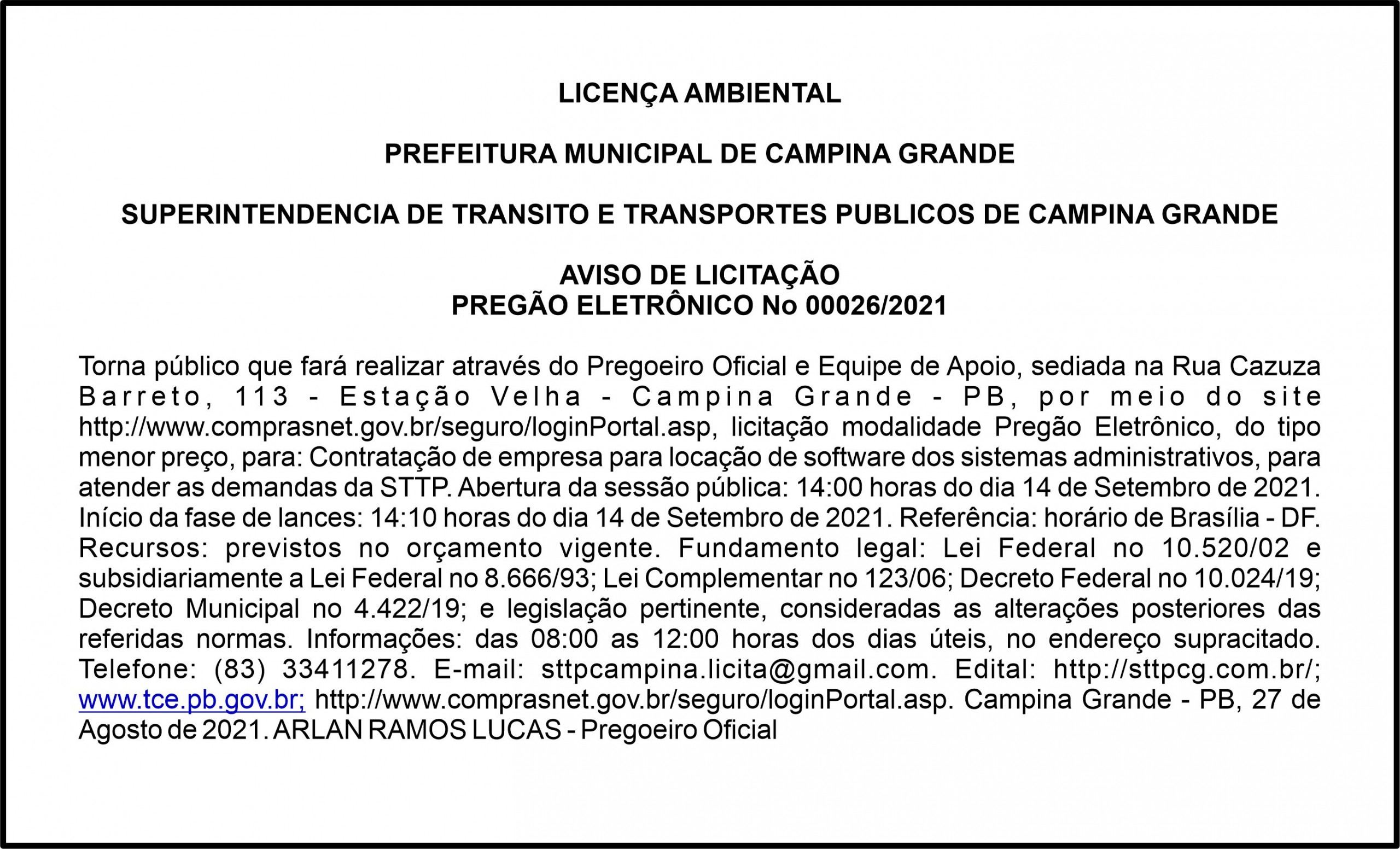STTP/CG – AVISO DE LICITAÇÃO – PREGÃO ELETRÔNICO Nº 00026/2021