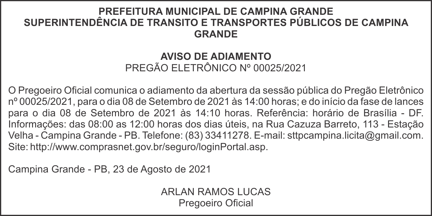 STTP/CG – AVISO DE ADIAMENTO – PREGÃO ELETRÔNICO Nº 00025/2021