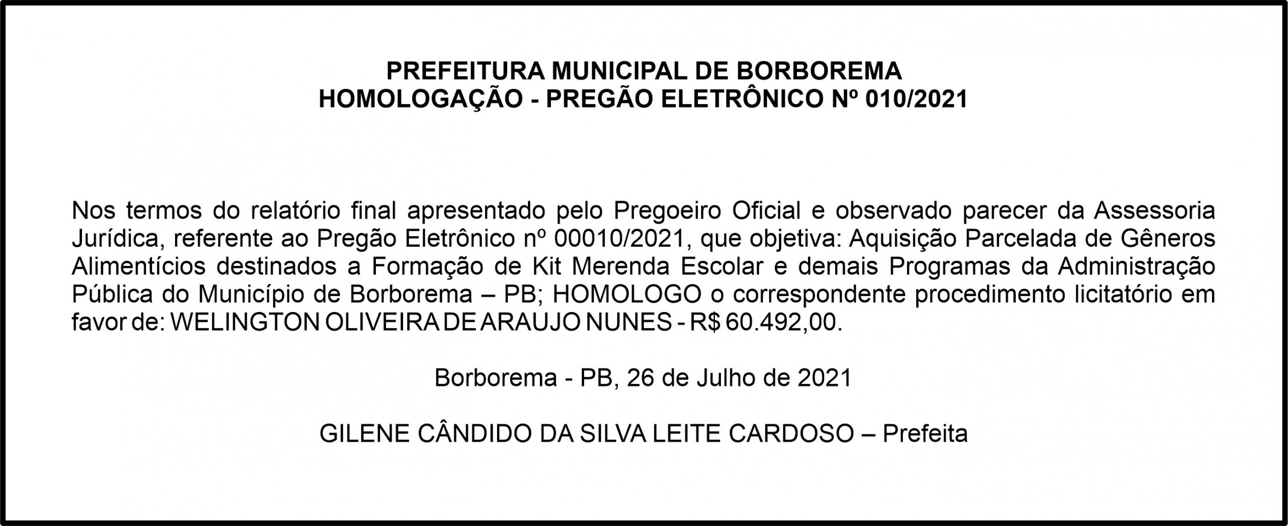 PREFEITURA MUNICIPAL DE BORBOREMA  – HOMOLOGAÇÃO – PREGÃO ELETRÔNICO Nº 010/2021