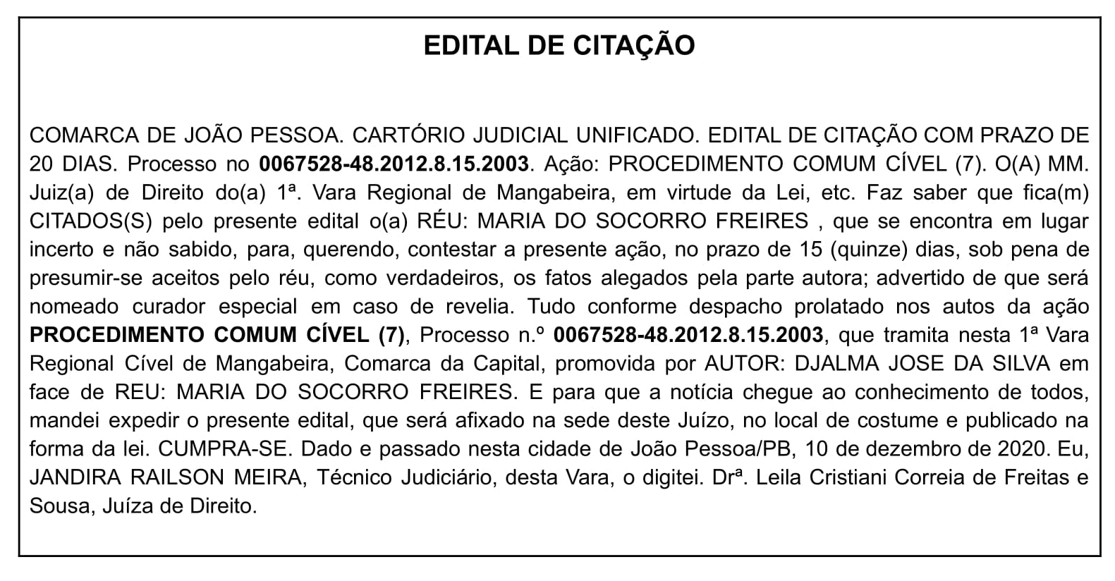 EDITAL DE CITAÇÃO – Nº DO PROCESSO: 0067528-48.2012.8.15.2003