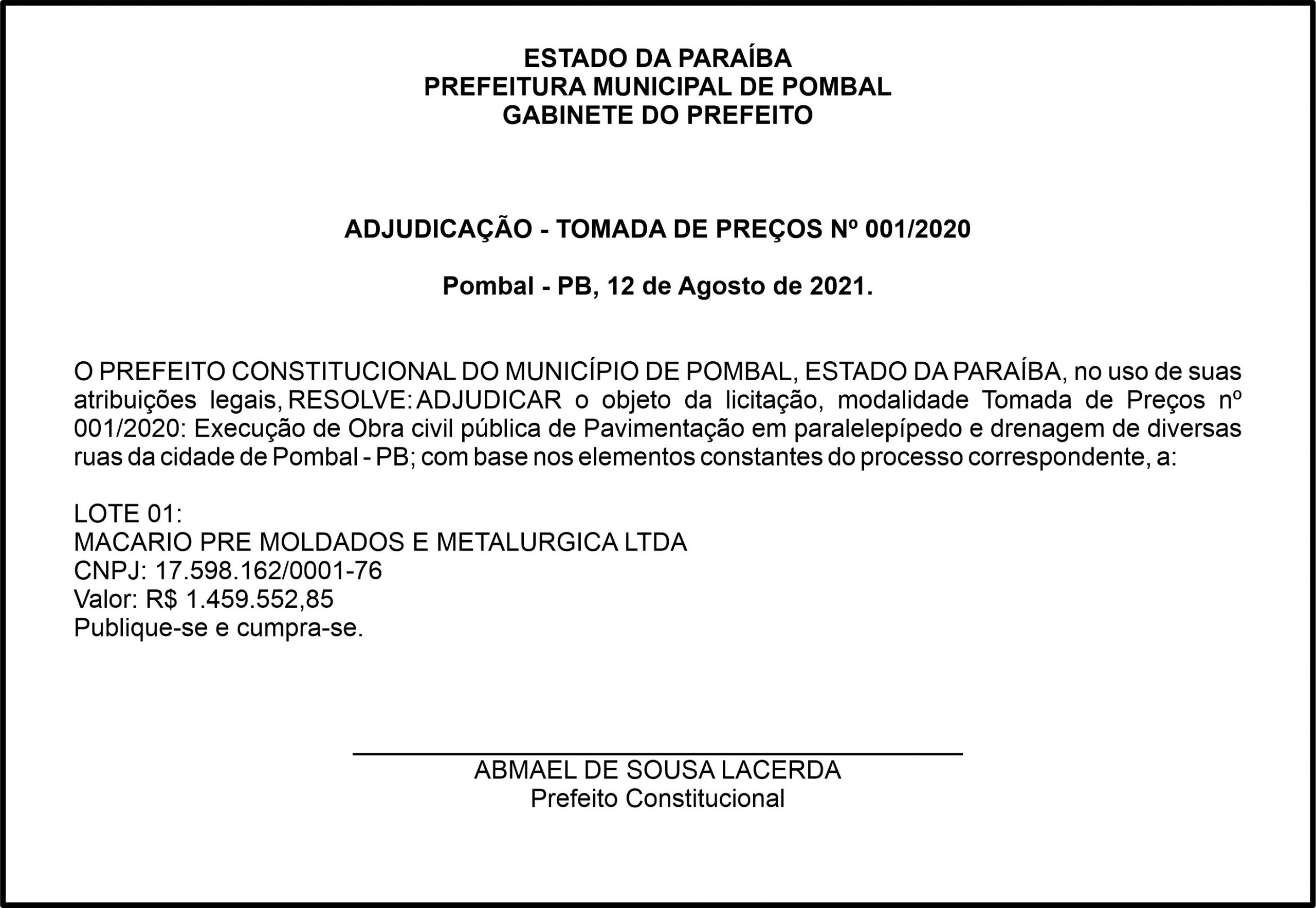 PREFEITURA MUNICIPAL DE POMBAL – ADJUDICAÇÃO – TOMADA DE PREÇOS Nº 001/2020