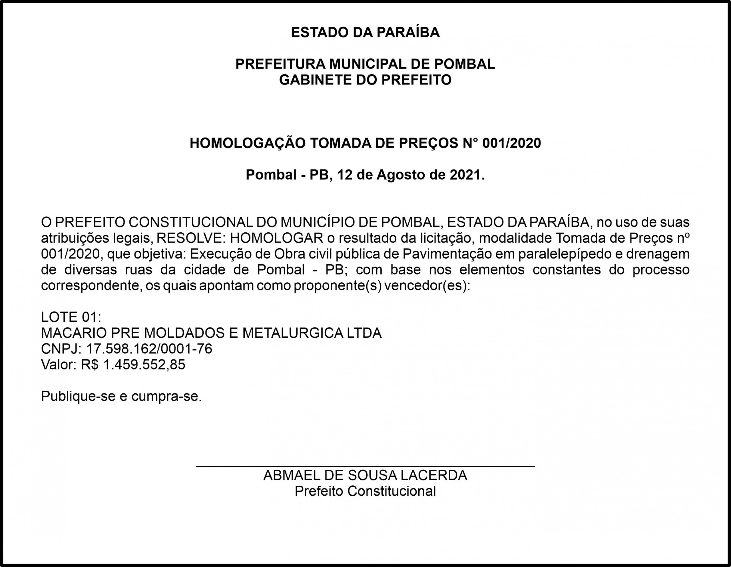 PREFEITURA MUNICIPAL DE POMBAL – HOMOLOGAÇÃO – TOMADA DE PREÇOS N° 001/2020