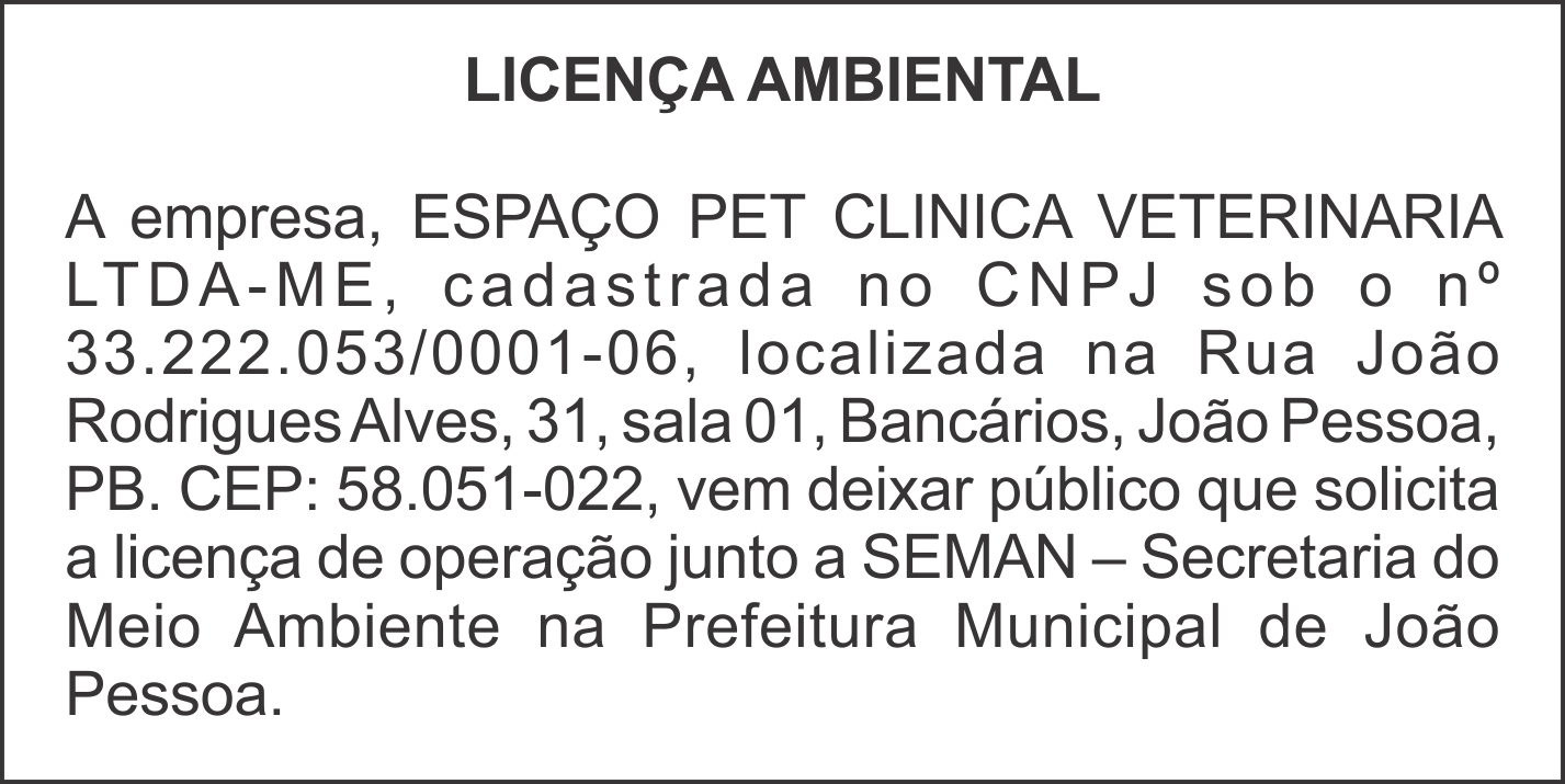 ESPAÇO PET CLINICA VETERINÁRIA LTDA-ME – LICENÇA AMBIENTAL