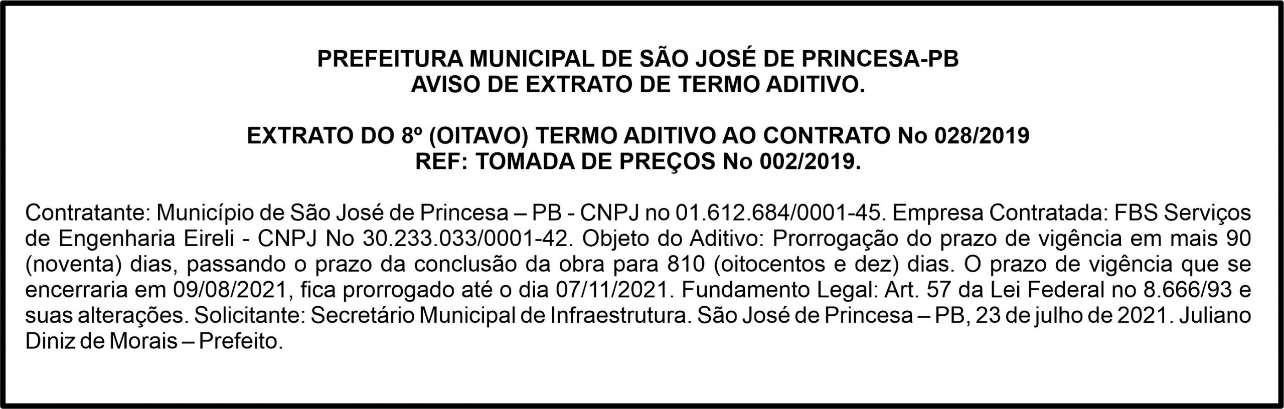 PREFEITURA MUNICIPAL DE SÃO JOSÉ DE PRINCESA-PB – AVISO DE EXTRATO DE TERMO ADITIVO – EXTRATO DO 8º (OITAVO) TERMO ADITIVO AO CONTRATO Nº 028/2019