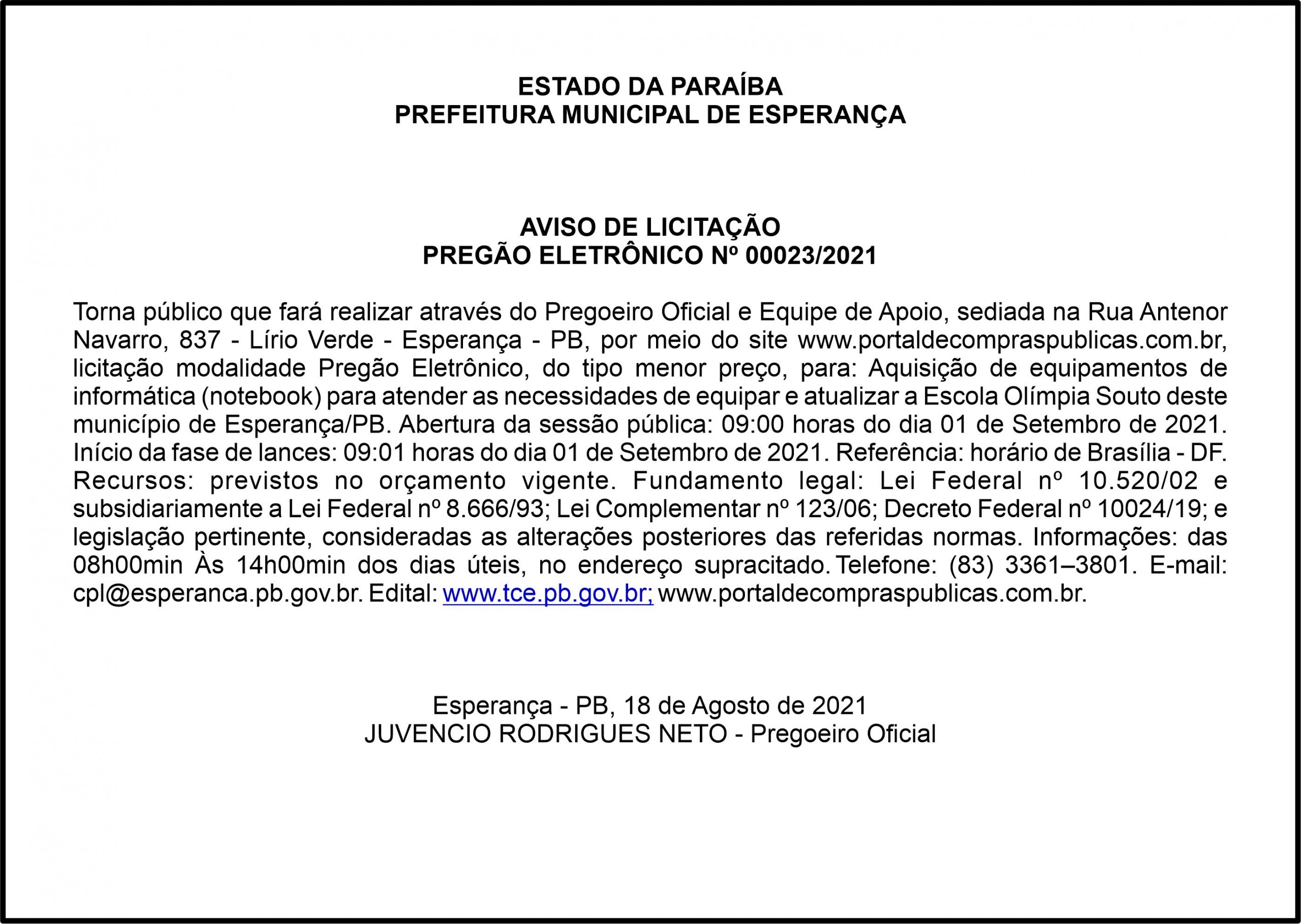 PREFEITURA MUNICIPAL DE ESPERANÇA – AVISO DE LICITAÇÃO – PREGÃO ELETRÔNICO Nº 00023/2021