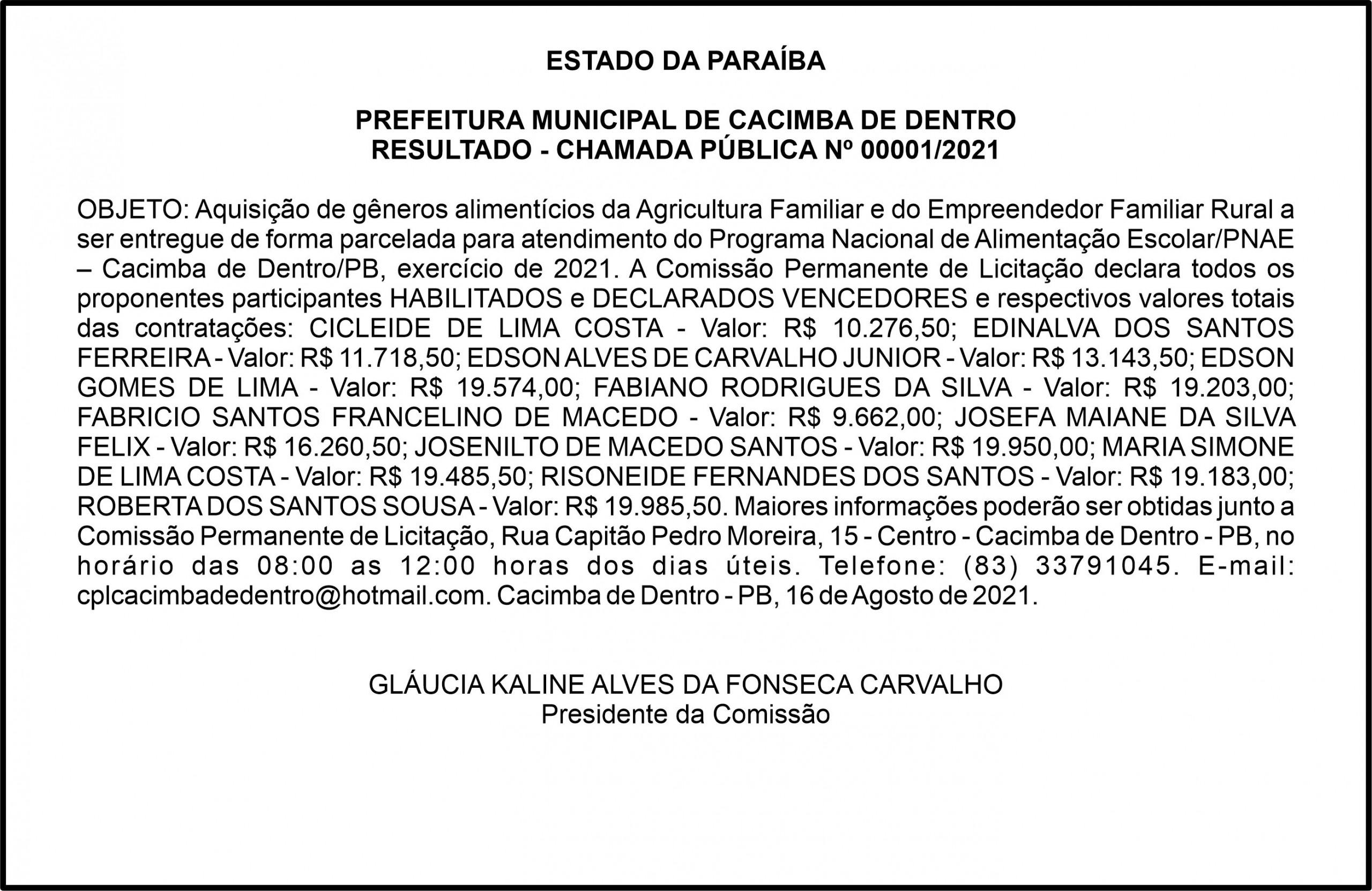 PREFEITURA MUNICIPAL DE CACIMBA DE DENTRO – RESULTADO – CHAMADA PÚBLICA Nº 00001/2021
