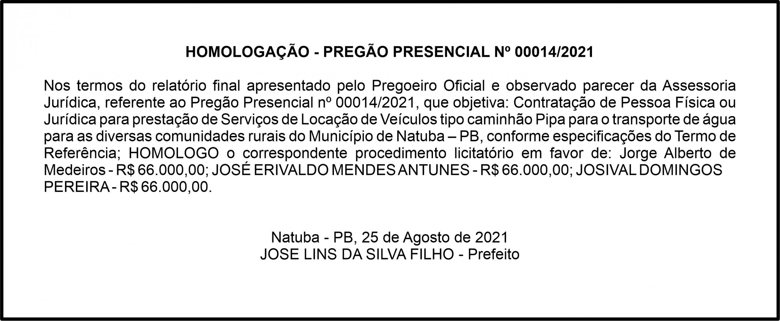 PREFEITURA MUNICIPAL DE NATUBA – HOMOLOGAÇÃO – PREGÃO PRESENCIAL Nº 00014/2021