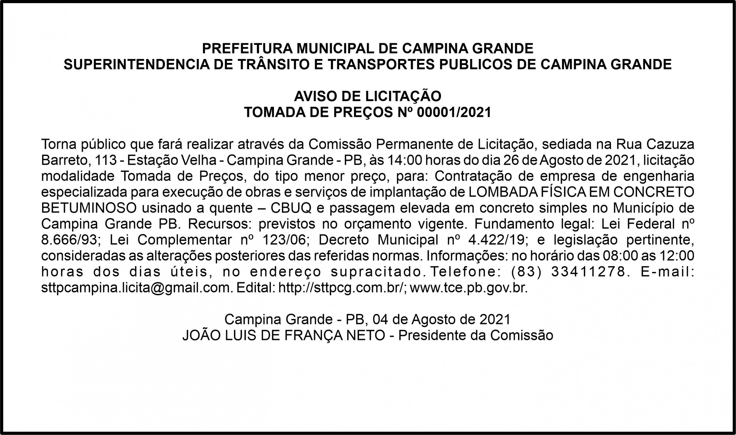 STTP/CG – AVISO DE LICITAÇÃO – TOMADA DE PREÇOS Nº 00001/2021