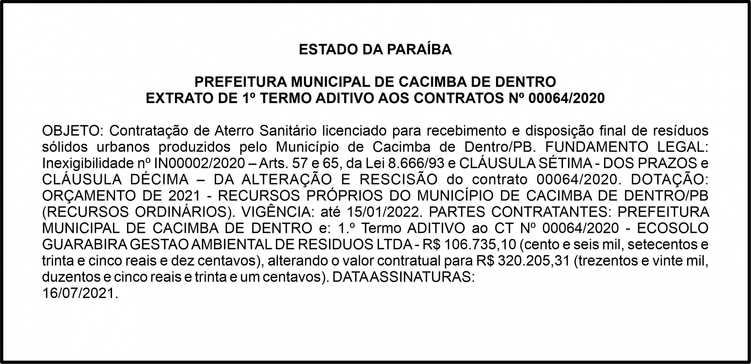 PREFEITURA MUNICIPAL DE CACIMBA DE DENTRO – EXTRATO DE 1º TERMO ADITIVO AOS CONTRATOS Nº 00064/2020