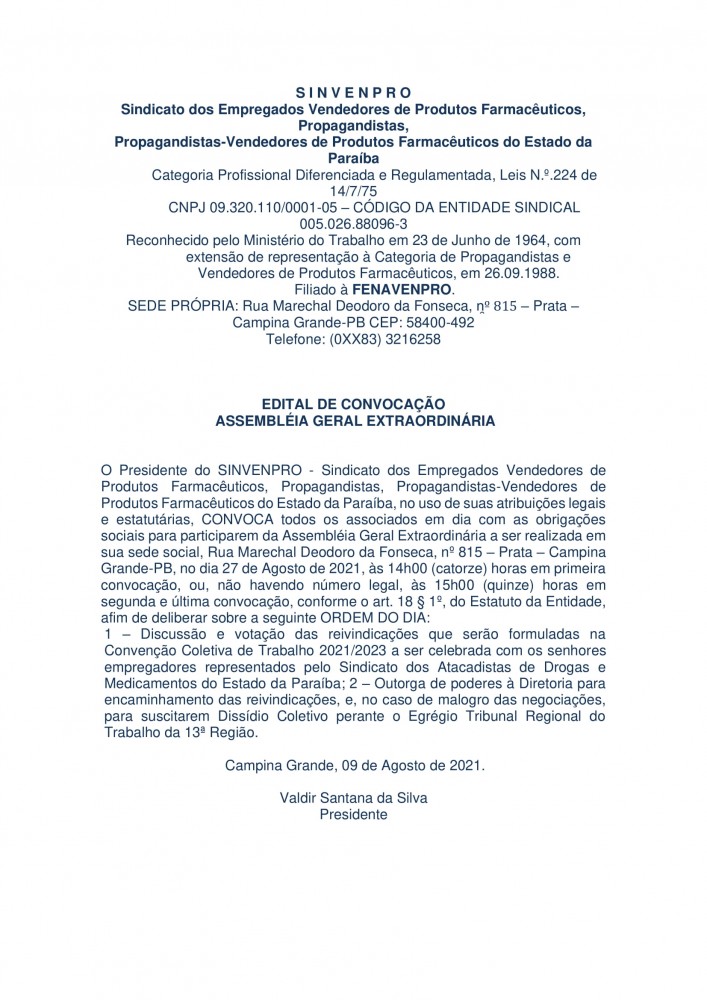 SINVEPRO – EDITAL DE CONVOCAÇÃO – ASSEMBLÉIA GERAL EXTRAORDINÁRIA
