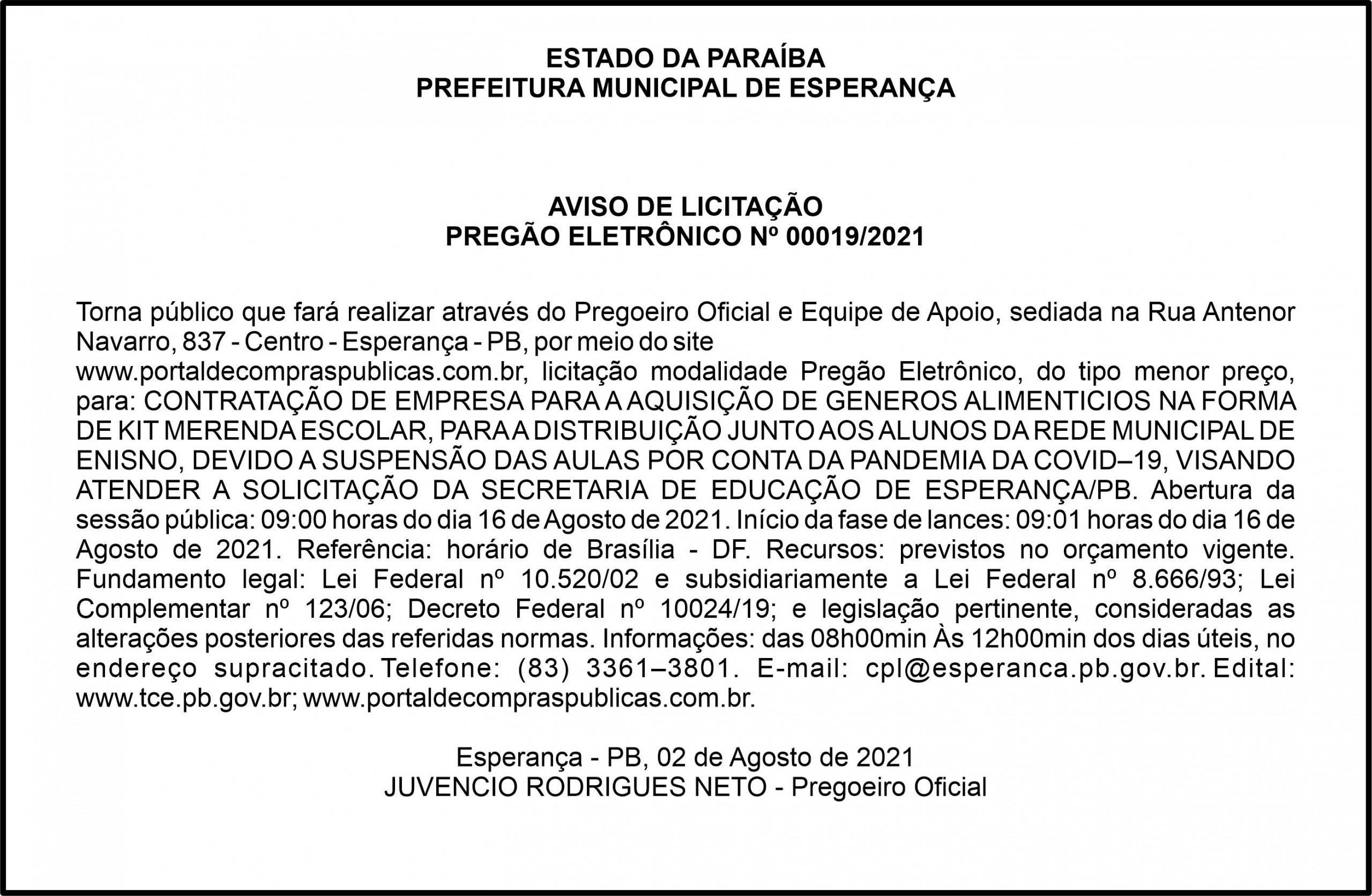 PREFEITURA MUNICIPAL DE ESPERANÇA – AVISO DE LICITAÇÃO – PREGÃO ELETRÔNICO Nº 00019/2021