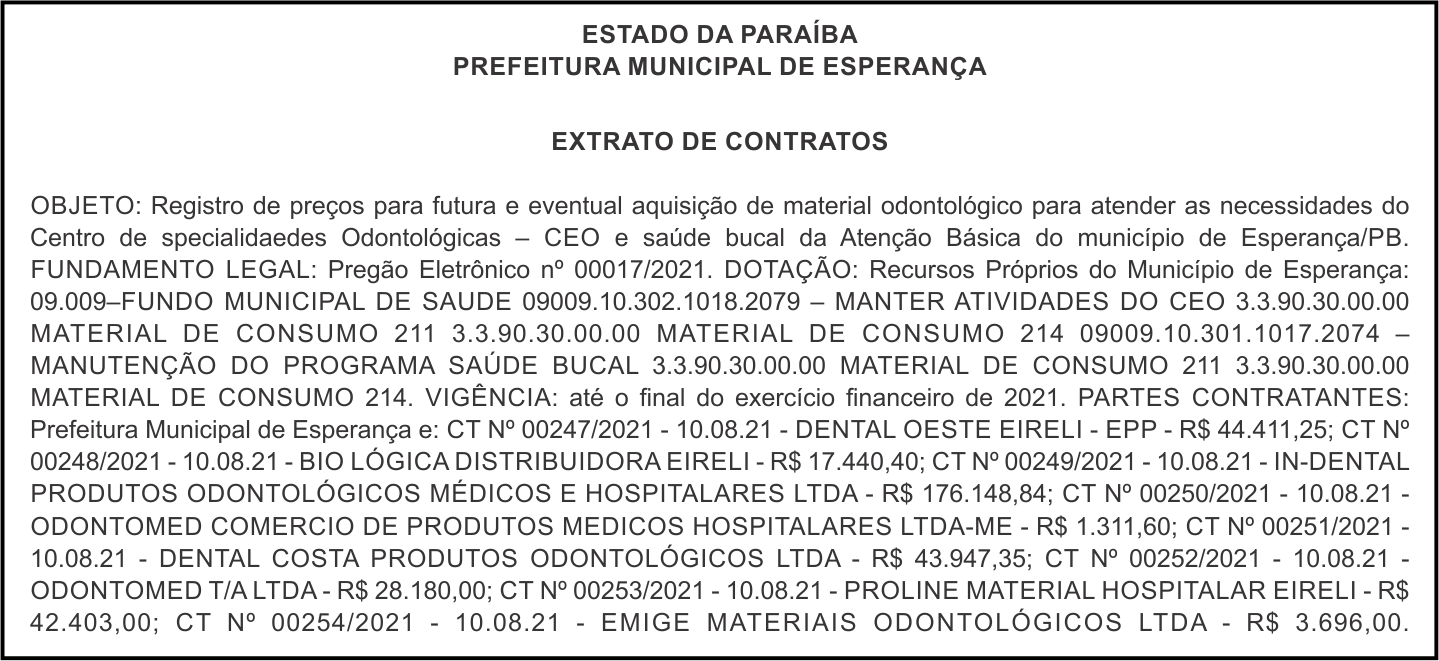 PREFEITURA MUNICIPAL DE ESPERANÇA – EXTRATO DE CONTRATOS