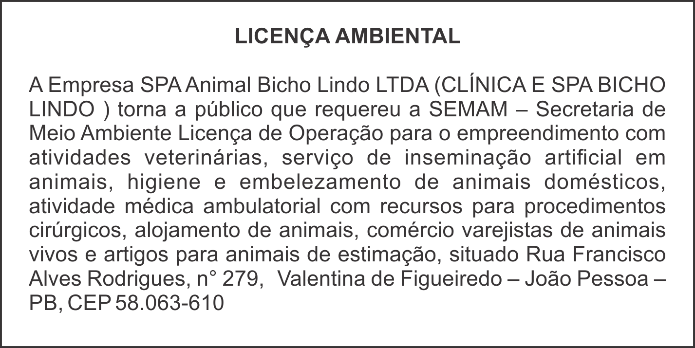 SPA Animal Bicho Lindo LTDA (CLÍNICA E SPA BICHO LINDO) – Licença Ambiental