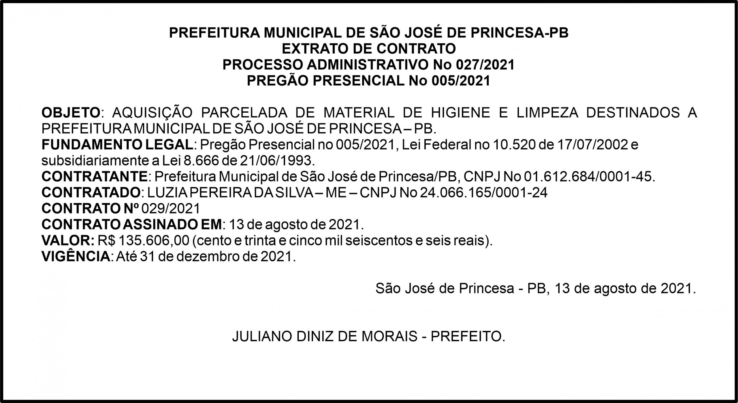 PREFEITURA MUNICIPAL DE SÃO JOSÉ DE PRINCESA-PB – EXTRATO DE CONTRATO
