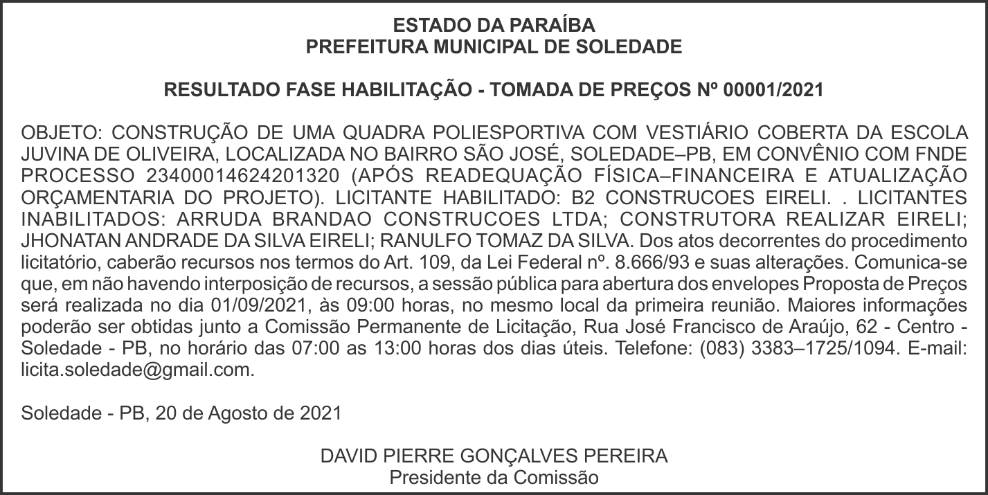 PREFEITURA MUNICIPAL DE SOLEDADE – RESULTADO FASE HABILITAÇÃO – TOMADA DE PREÇOS Nº 00001/2021