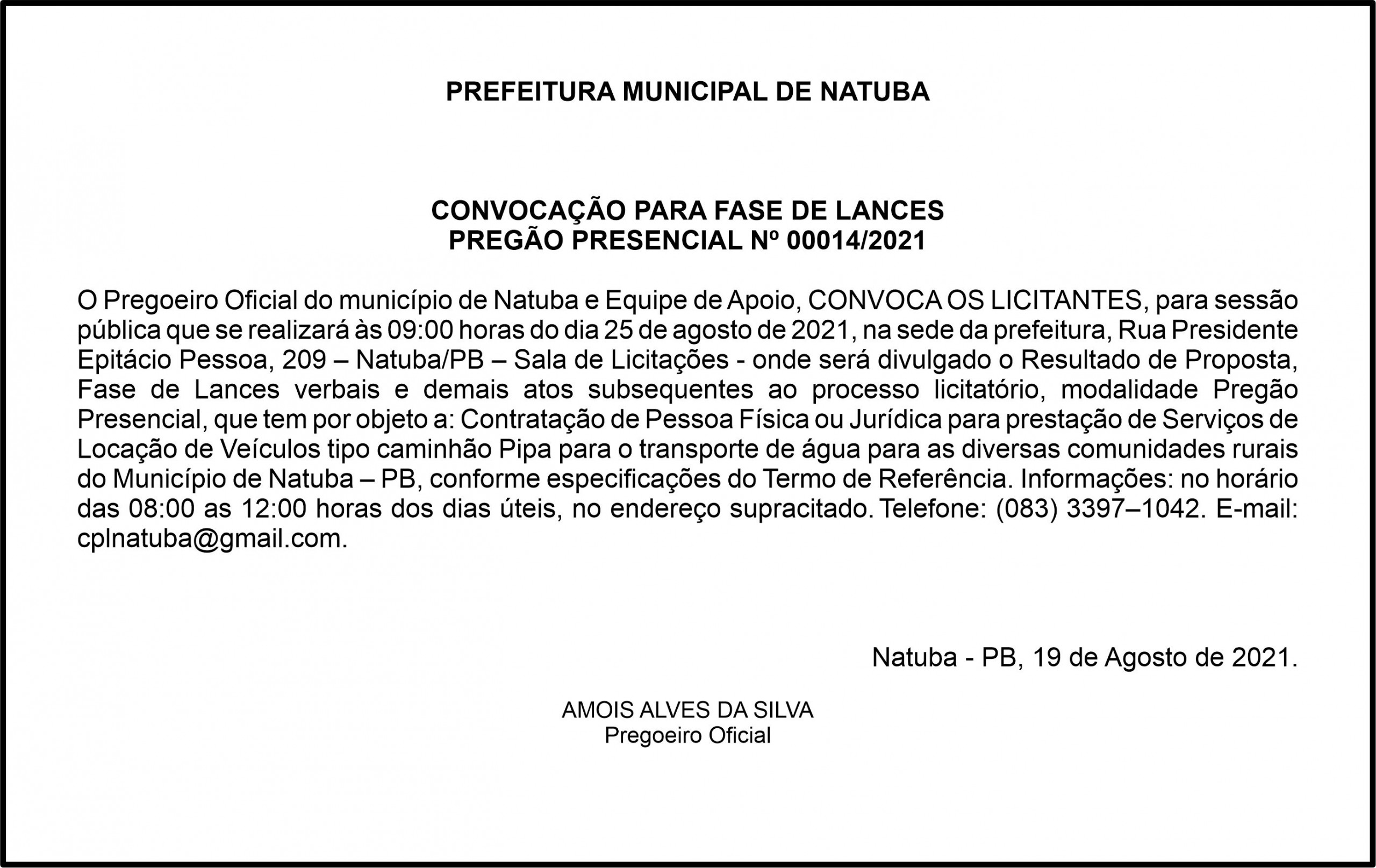 PREFEITURA MUNICIPAL DE NATUBA – CONVOCAÇÃO PARA FASE DE LANCES – PREGÃO PRESENCIAL Nº 00014/2021