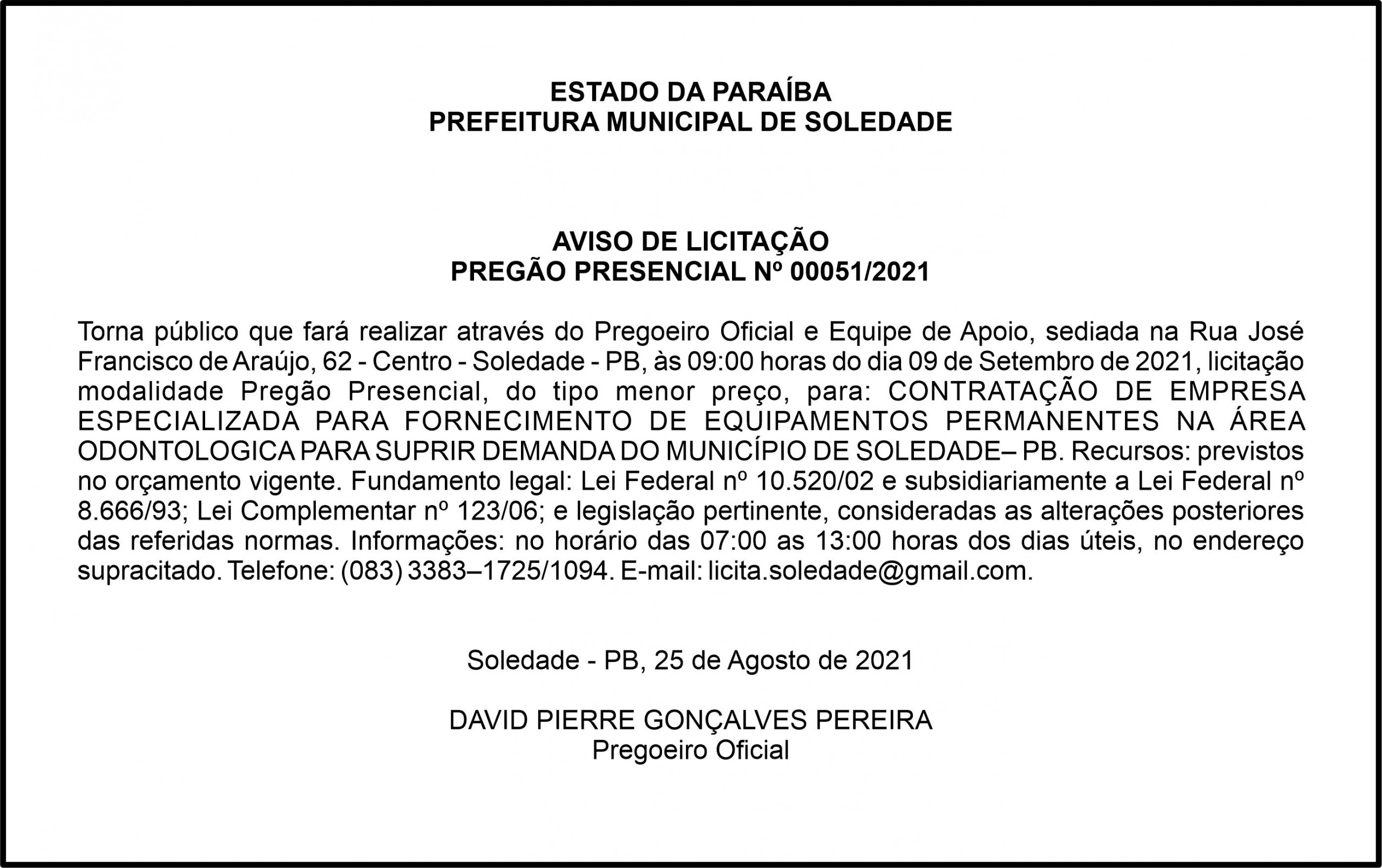 PREFEITURA MUNICIPAL DE SOLEDADE – AVISO DE LICITAÇÃO – PREGÃO PRESENCIAL Nº 00051/2021