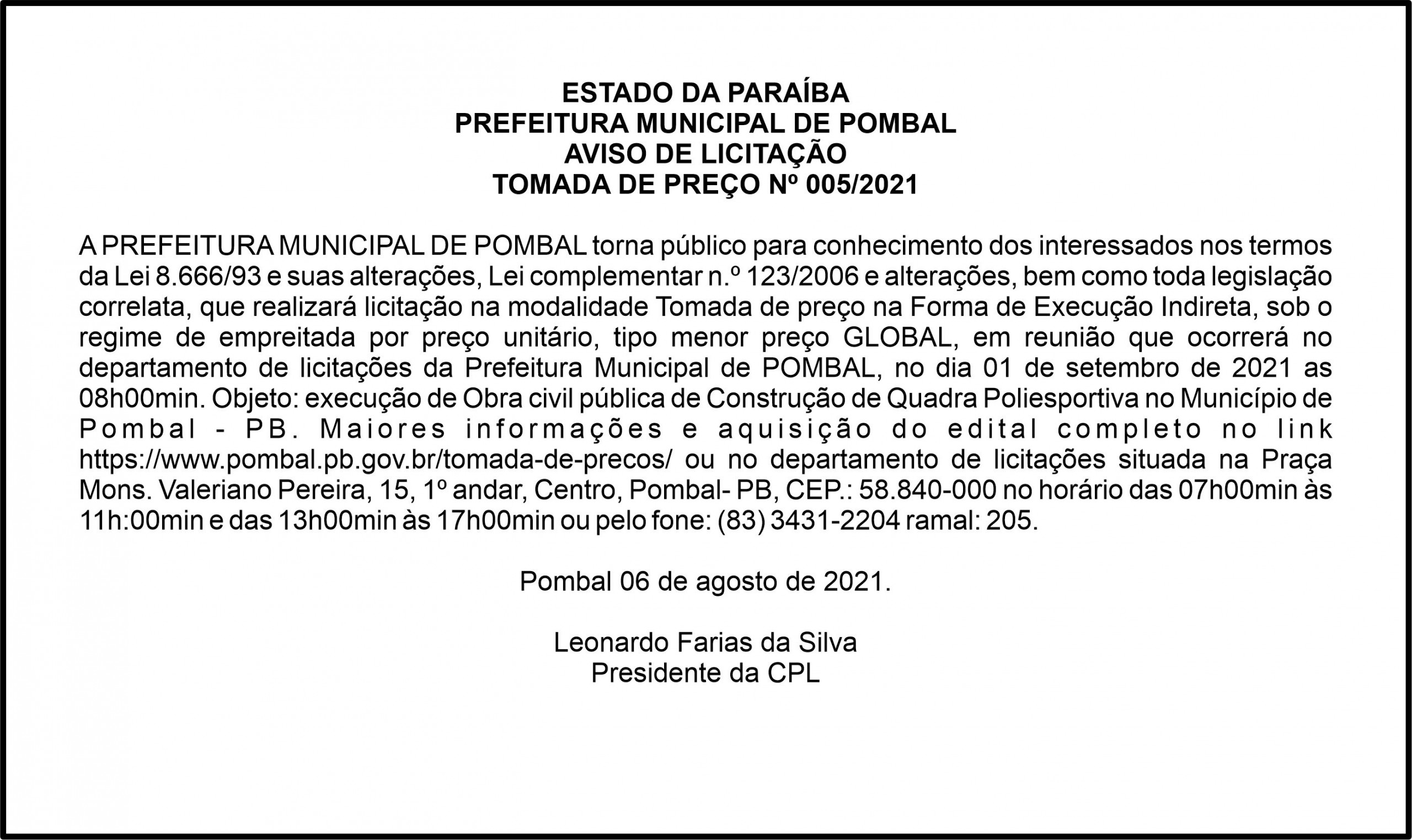 PREFEITURA MUNICIPAL DE POMBAL – AVISO DE LICITAÇÃO – TOMADA DE PREÇO Nº 005/2021