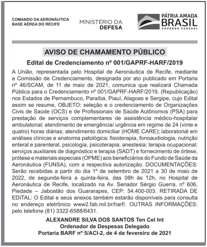 BASE AÉREA DE RECIFE – BARF – RF – AVISO DE CHAMAMENTO PÚBLICO – EDITAL DE CREDENCIAMENTO Nº 001/GAPRF- BARF/2019