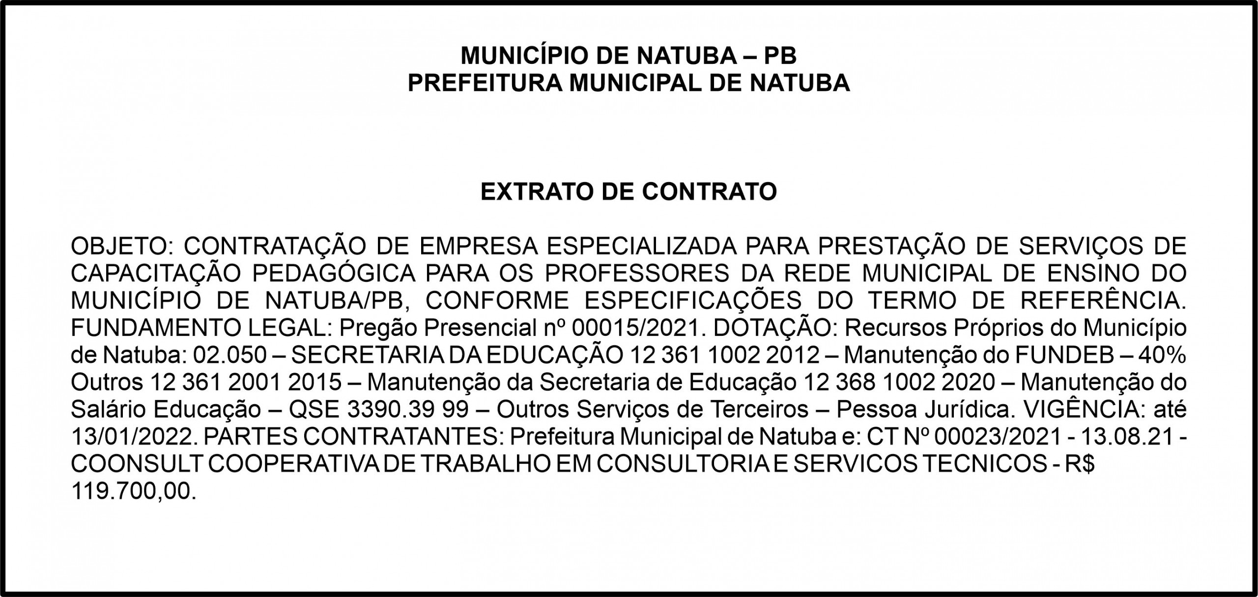 PREFEITURA MUNICIPAL DE NATUBA – EXTRATO DE CONTRATO