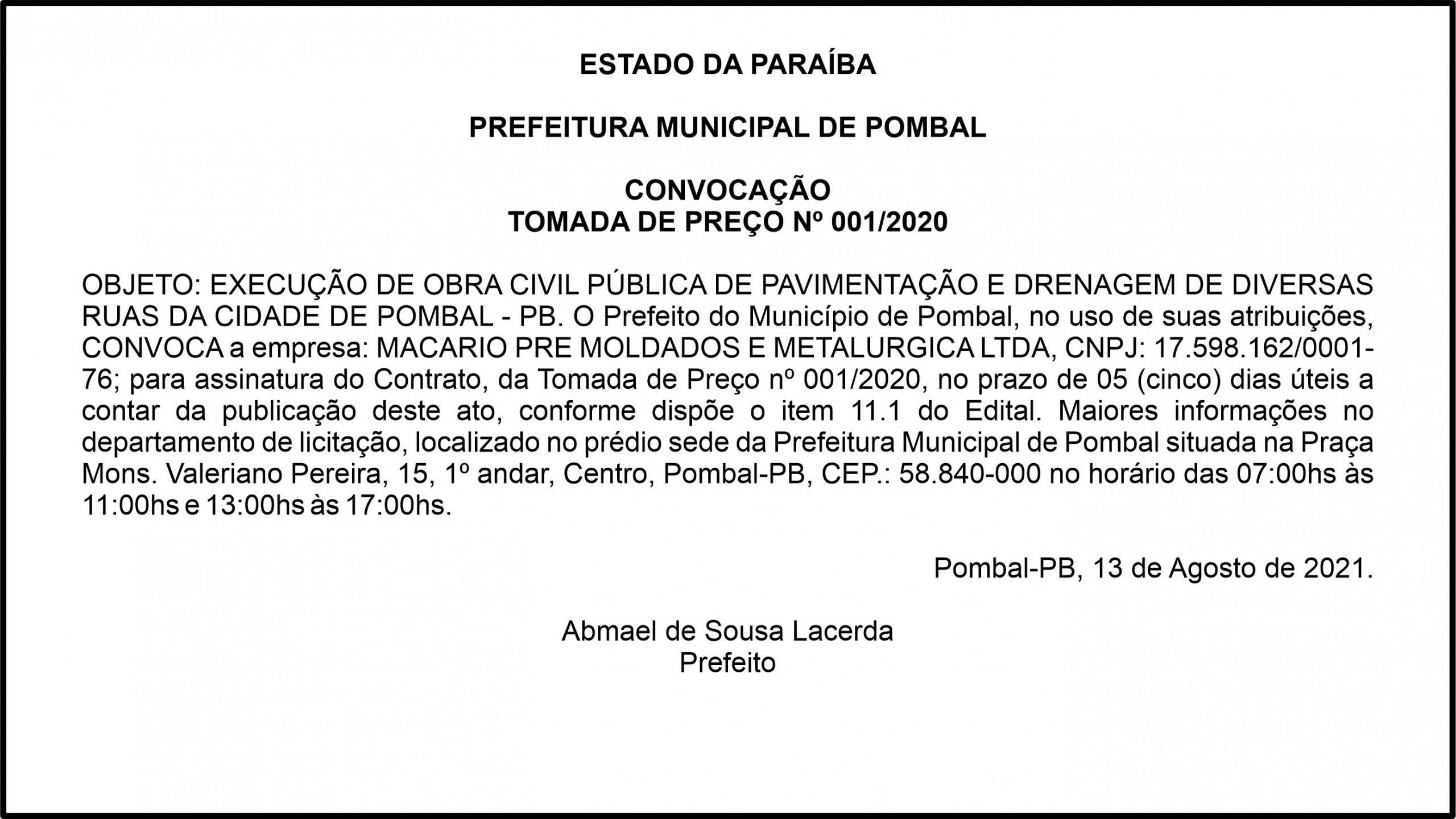 PREFEITURA MUNICIPAL DE POMBAL  – CONVOCAÇÃO – TOMADA DE PREÇO Nº 001/2020