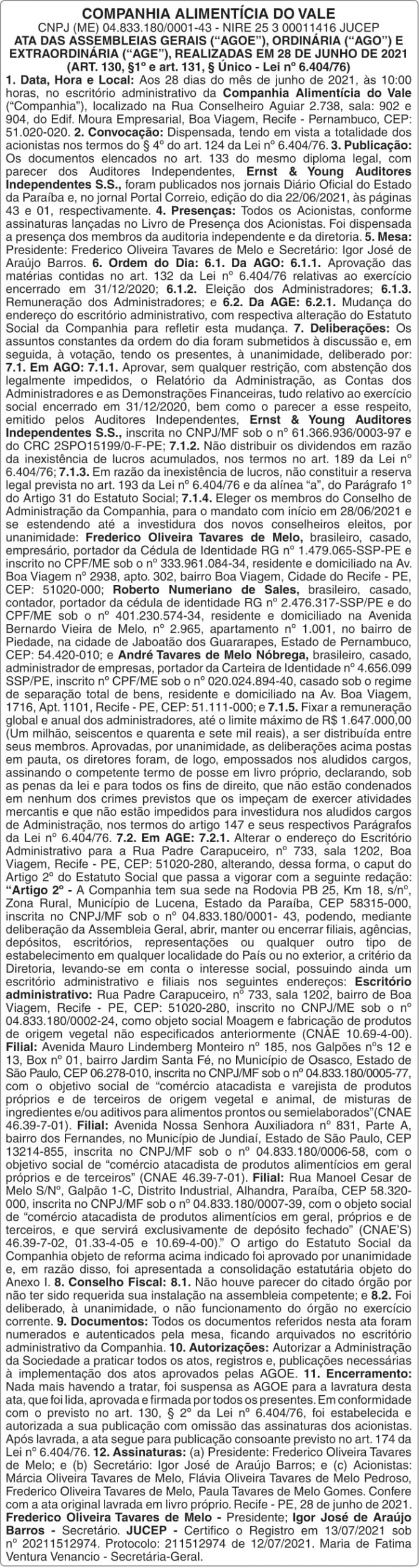 COMPANHIA ALIMENTÍCIA DO VALE – ATA (AGOE, AGO E AGE)