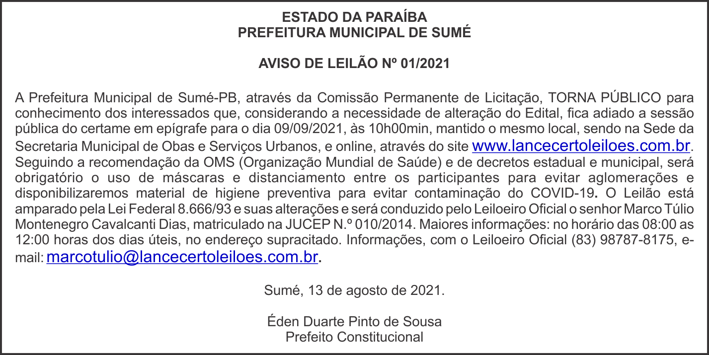 PREFEITURA MUNICIPAL DE SUMÉ – AVISO DE LEILÃO Nº 01/2021