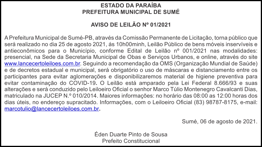 PREFEITURA MUNICIPAL DE SUMÉ – AVISO DE LEILÃO Nº 01/2021