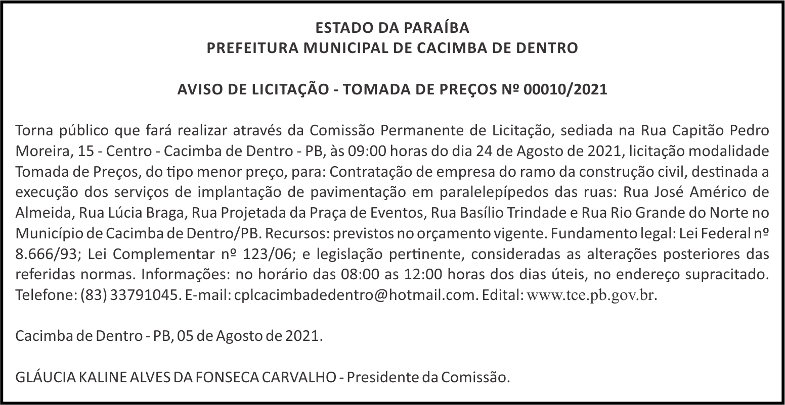 PREFEITURA MUNICIPAL DE CACIMBA DE DENTRO – AVISO DE LICITAÇÃO – TOMADA DE PREÇOS Nº 00010/2021