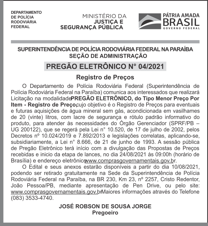SRPRF – PB – 14° SR – JOÃO PESSOA – PREGÃO ELETRÔNICO Nº 04/2021