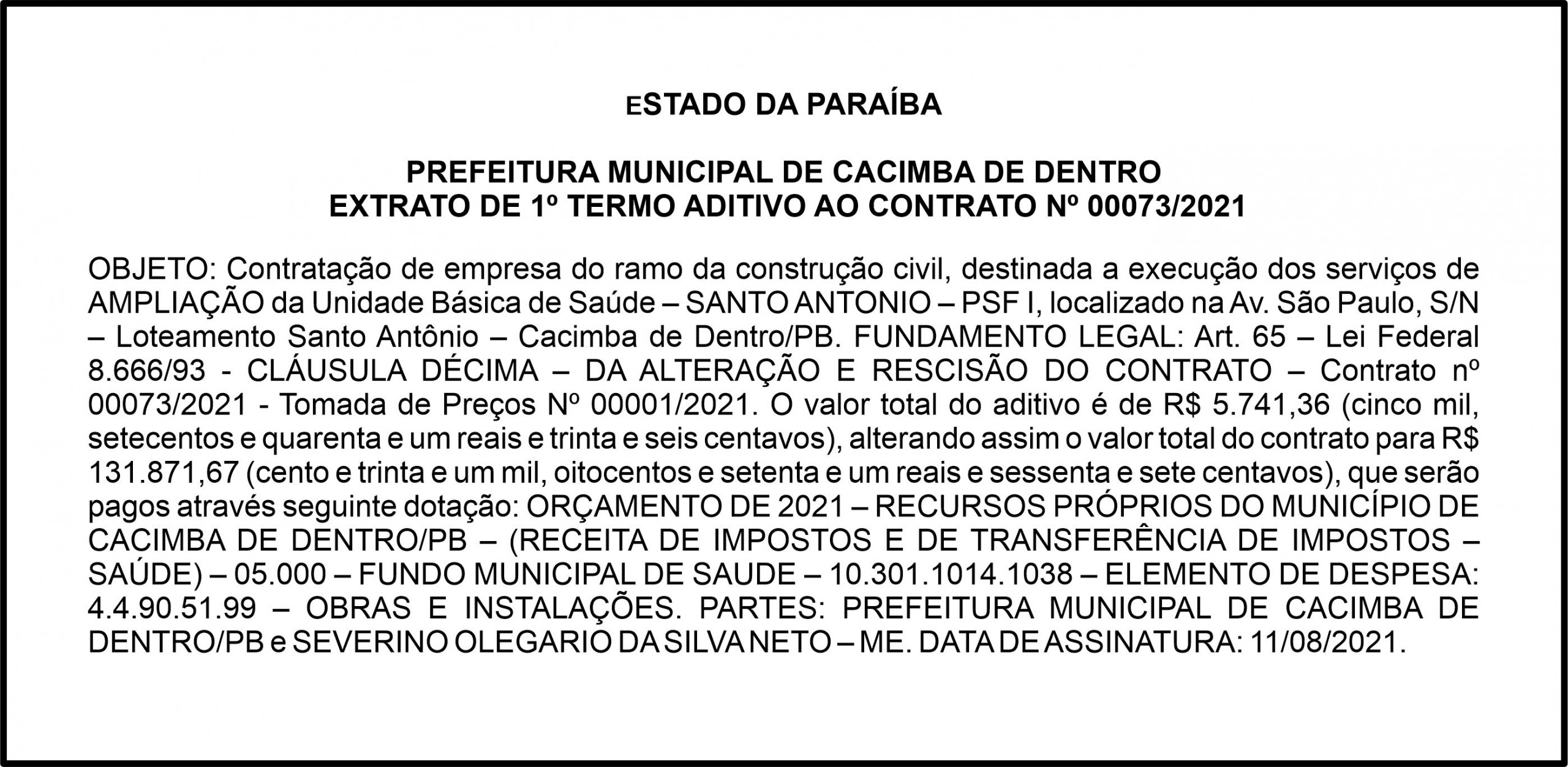 PREFEITURA MUNICIPAL DE CACIMBA DE DENTRO – EXTRATO DE 1º TERMO ADITIVO AO CONTRATO Nº 00073/2021