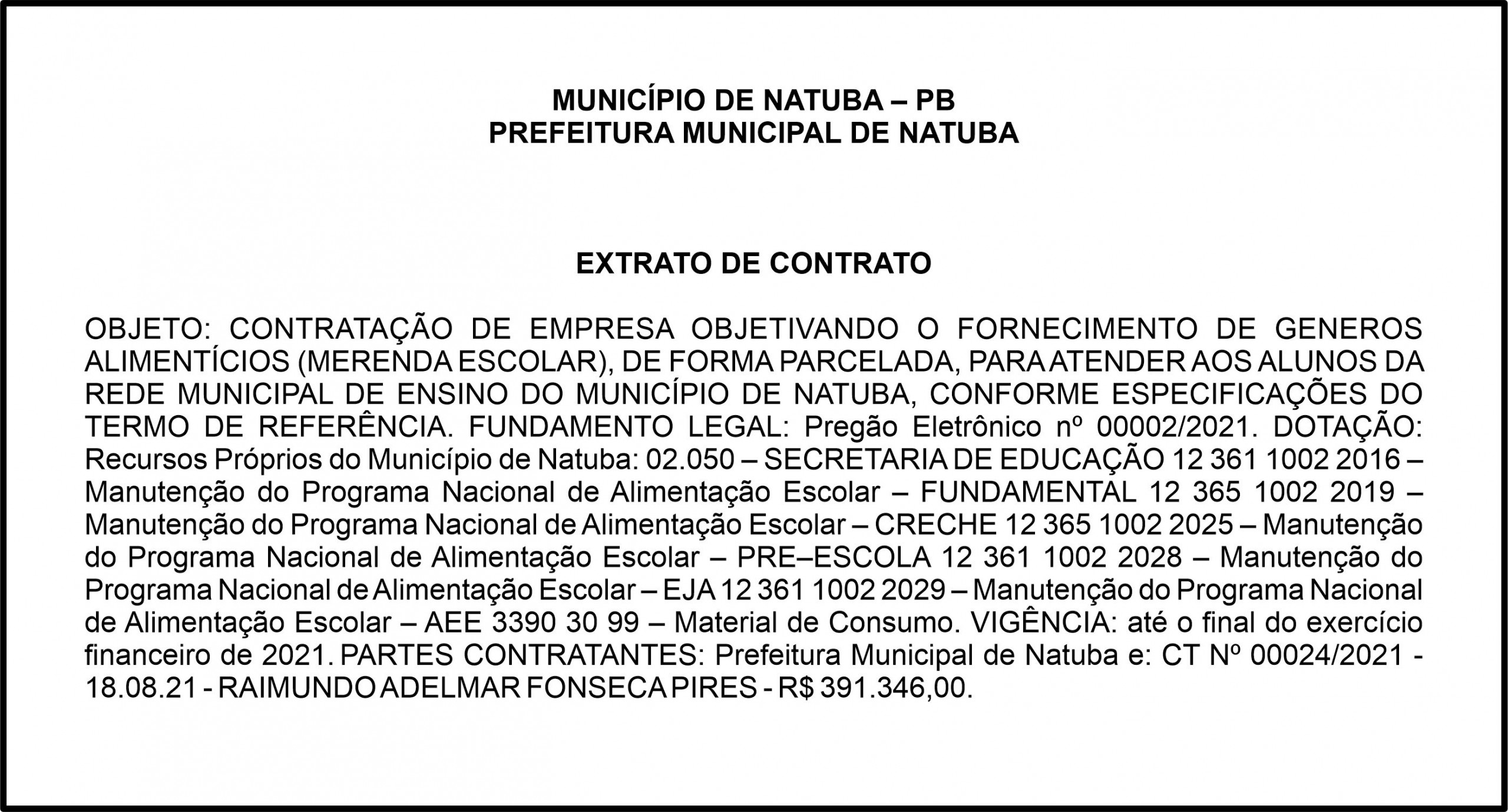 PREFEITURA MUNICIPAL DE NATUBA – EXTRATO DE CONTRATO