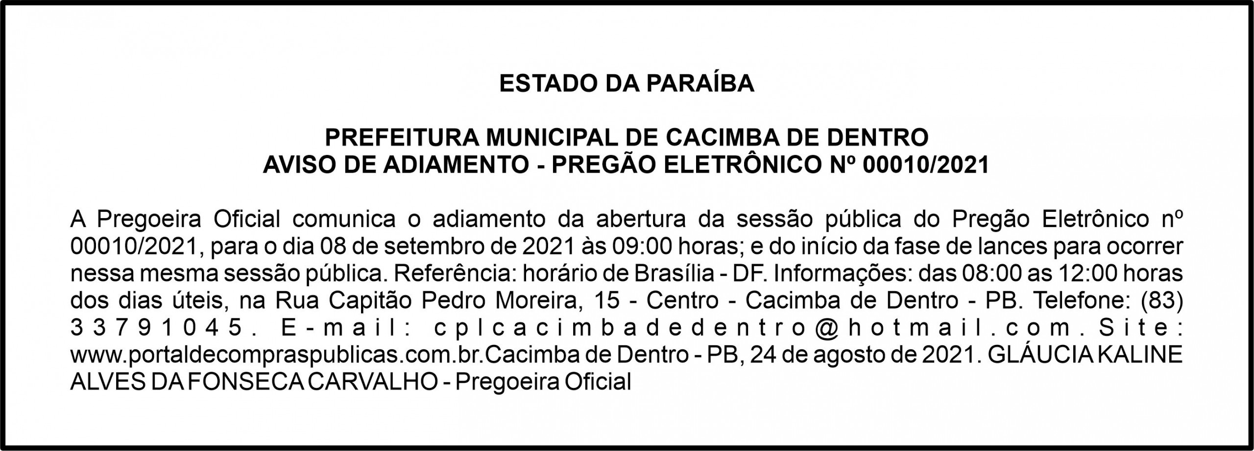 PREFEITURA MUNICIPAL DE CACIMBA DE DENTRO – AVISO DE ADIAMENTO – PREGÃO ELETRÔNICO Nº 00010/2021