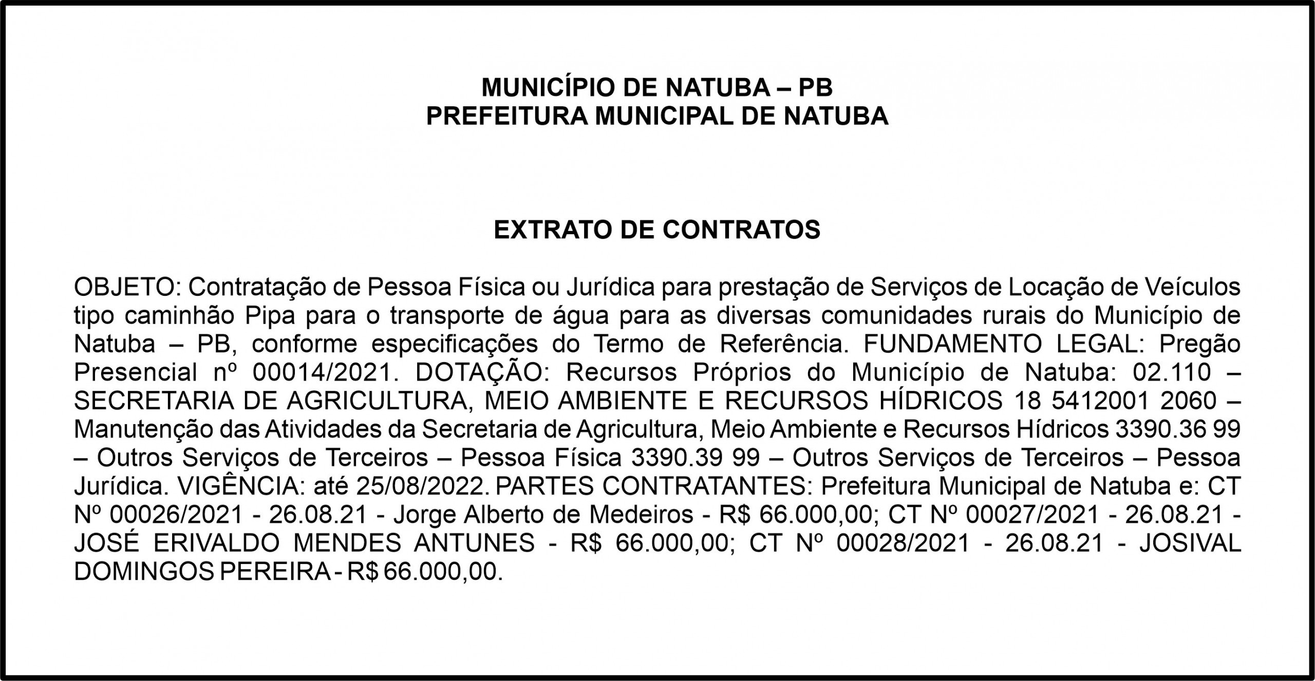 PREFEITURA MUNICIPAL DE NATUBA – EXTRATO DE CONTRATOS