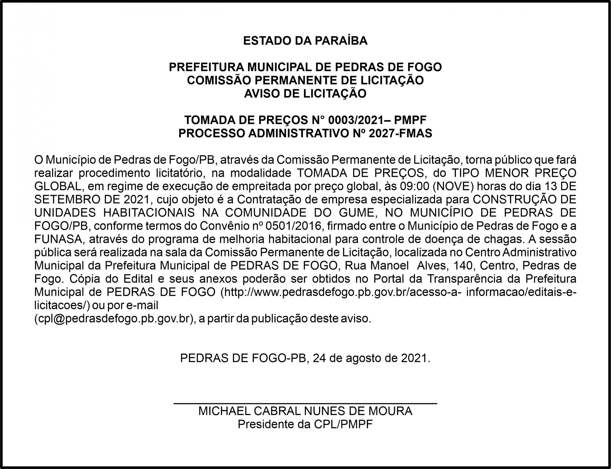 PREFEITURA MUNICIPAL DE PEDRAS DE FOGO – AVISO DE LICITAÇÃO  – TOMADA DE PREÇOS N° 0003/2021– PMPF