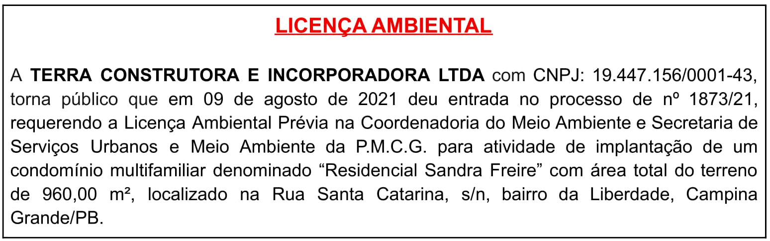 TERRA CONSTRUTORA E INCORPORADORA LTDA – LICENÇA AMBIENTAL