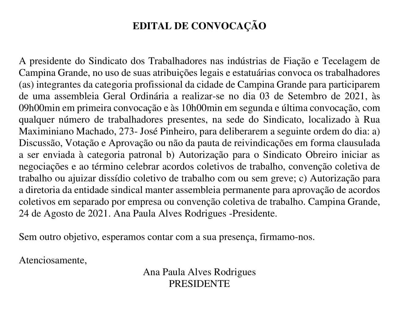 Sindicato dos Trabalhadores nas Indústrias de Fiação e Tecelagem de Campina Grande – Edital de Convocação