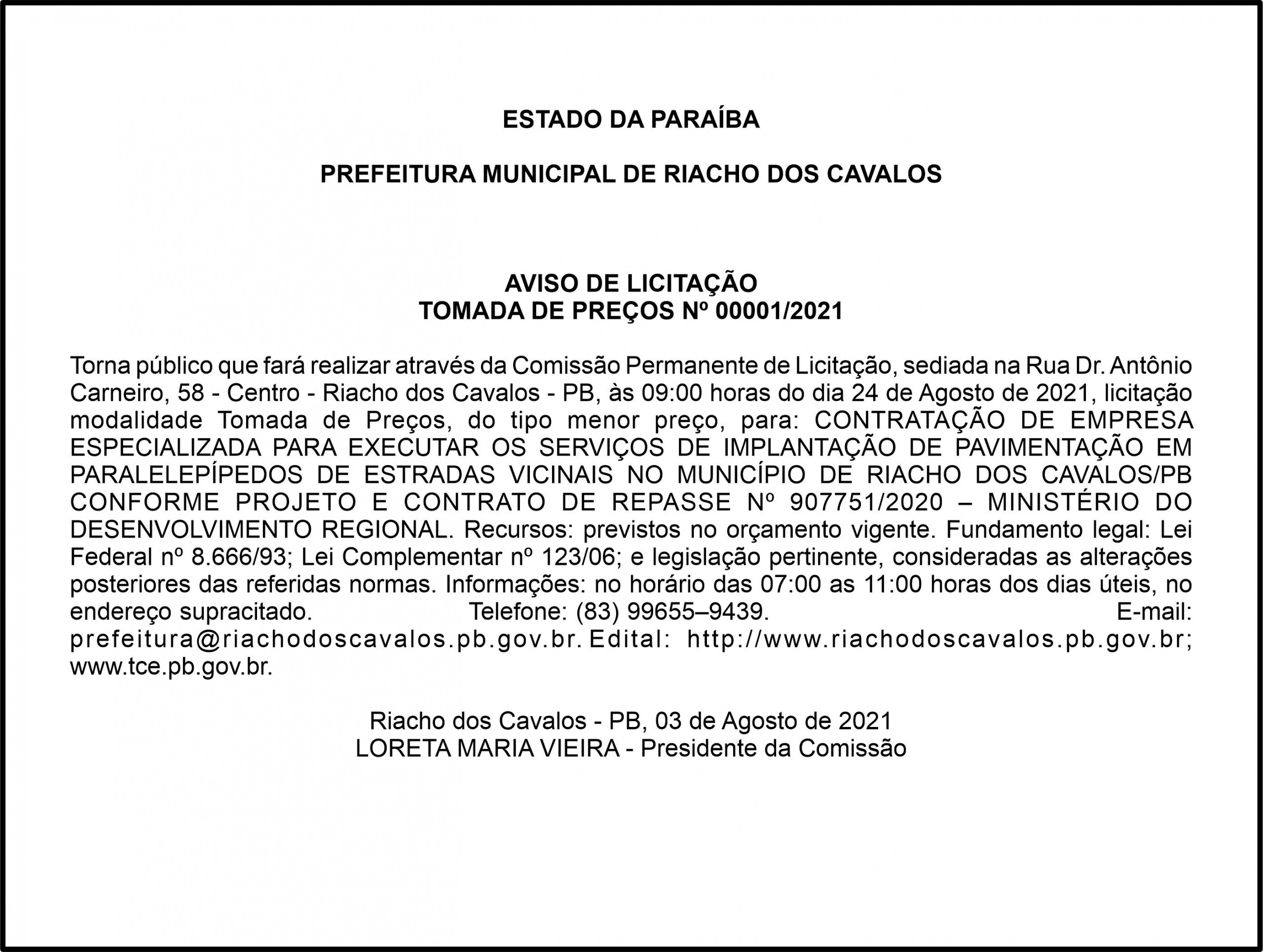 PREFEITURA MUNICIPAL DE RIACHO DOS CAVALOS – AVISO DE LICITAÇÃO – TOMADA DE PREÇOS Nº 00001/2021
