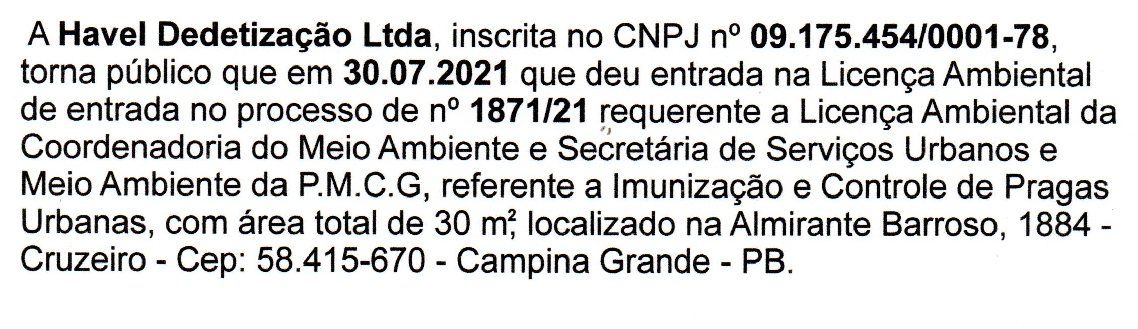 Havel Dedetização Ltda – Licença Ambiental
