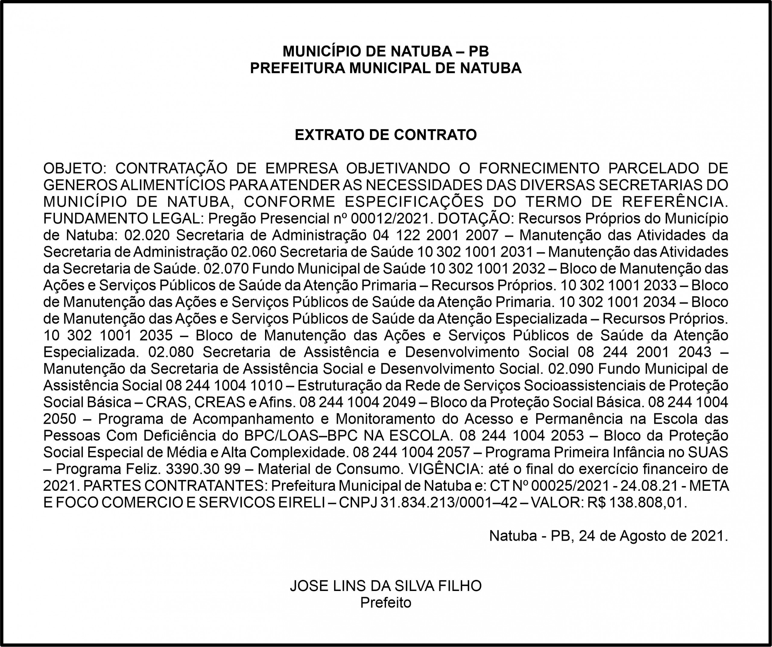 PREFEITURA MUNICIPAL DE NATUBA – EXTRATO DE CONTRATO