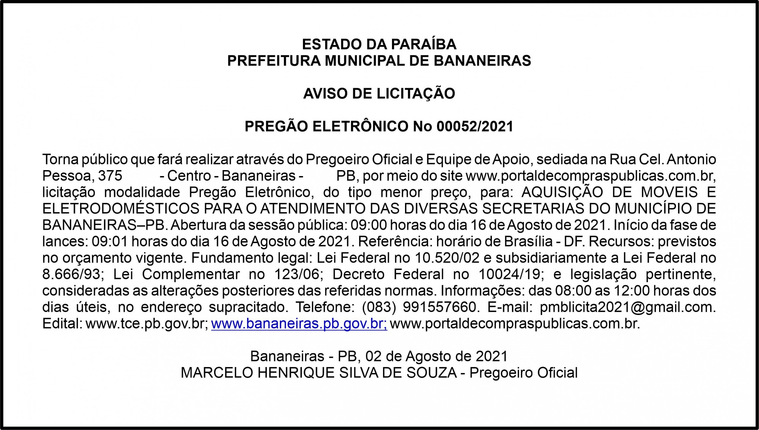PREFEITURA MUNICIPAL DE BANANEIRAS – AVISO DE LICITAÇÃO – PREGÃO ELETRÔNICO No 00052/2021