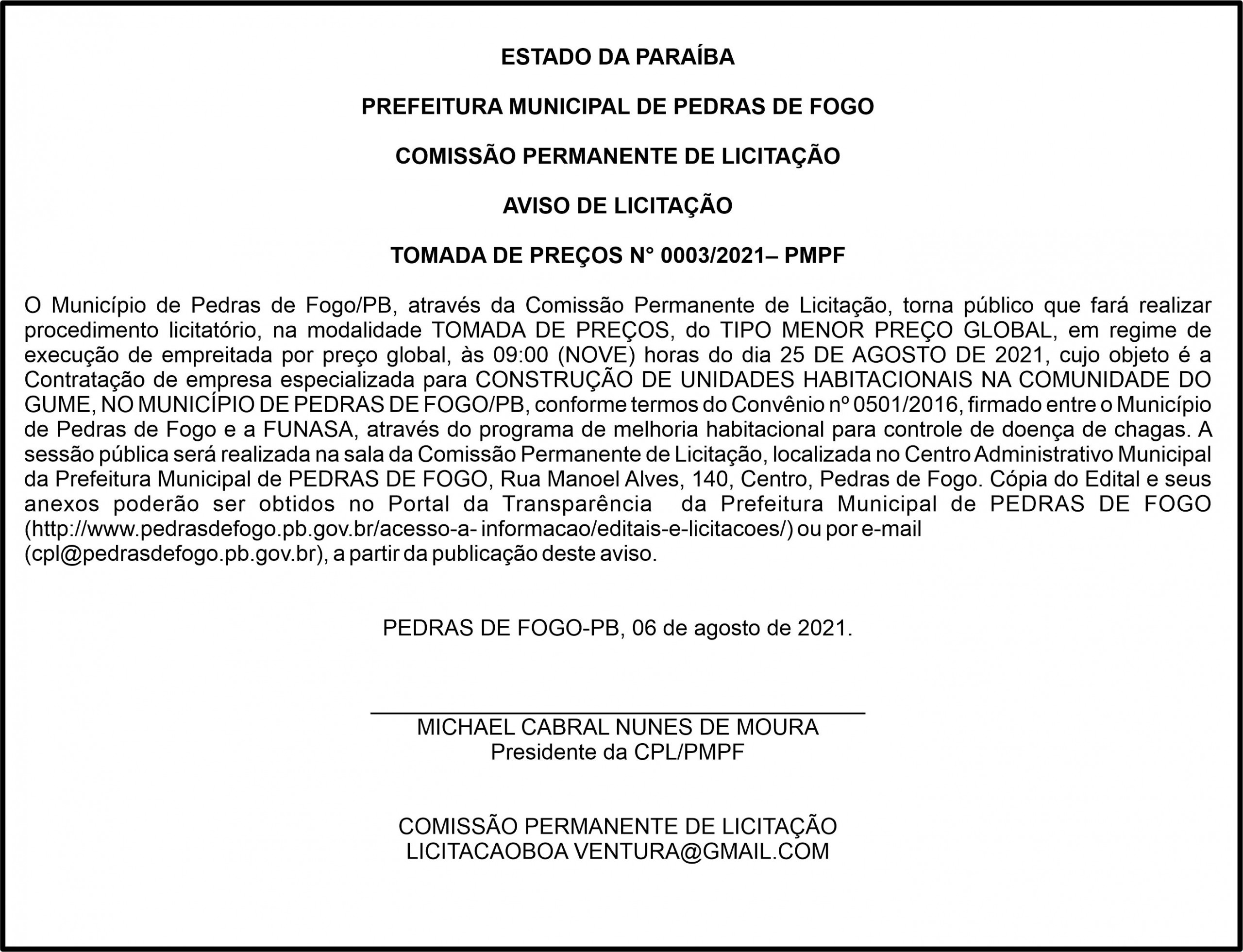 PREFEITURA MUNICIPAL DE PEDRAS DE FOGO – AVISO DE LICITAÇÃO  – TOMADA DE PREÇOS N° 0003/2021– PMPF