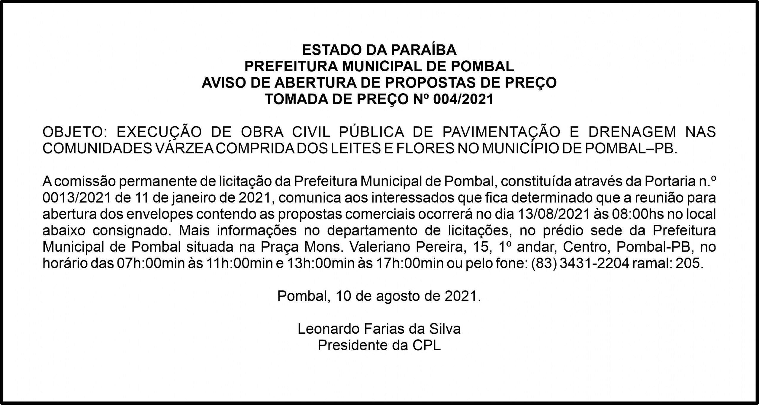 PREFEITURA MUNICIPAL DE POMBAL – AVISO DE ABERTURA DE PROPOSTAS DE PREÇO -TOMADA DE PREÇO Nº 004/2021